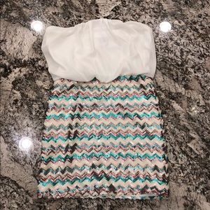 Strapless White, Teal, and Pink Chevron Dress